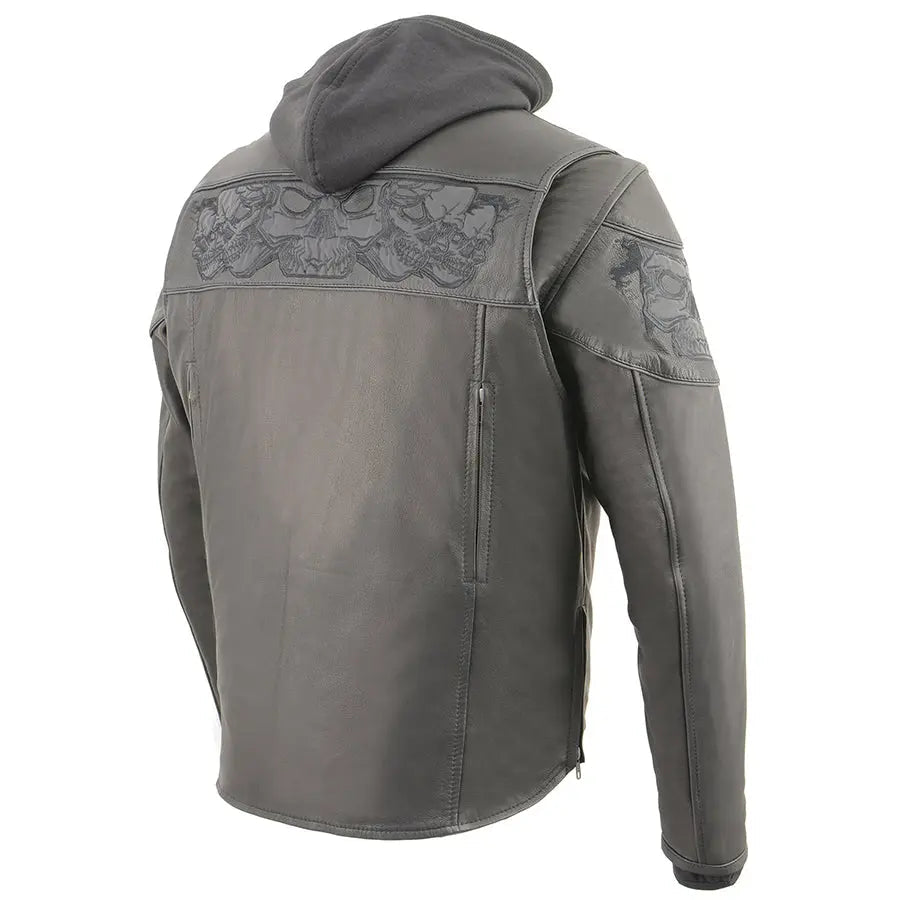 Milwaukee Leather Men's Crossover Scooter Jacket w/ Reflective Skulls & Full Sleeve Removable Hoodie - Velora Luxury Fashion