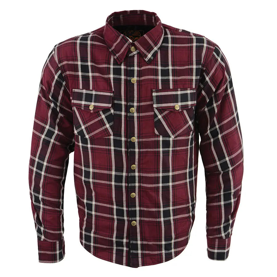 Milwaukee Leather Men's Maroon Checkered Armored Flannel Biker Shirt w/ Reinforced Fibers - Velora Luxury Fashion