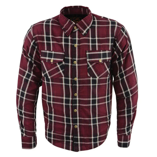 Milwaukee Leather Men's Maroon Checkered Armored Flannel Biker Shirt w/ Reinforced Fibers - Velora Luxury Fashion