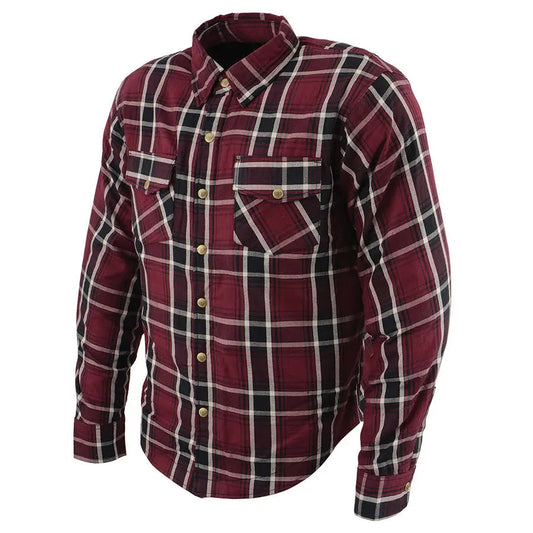 Milwaukee Leather Men's Maroon Checkered Armored Flannel Biker Shirt w/ Reinforced Fibers - Velora Luxury Fashion