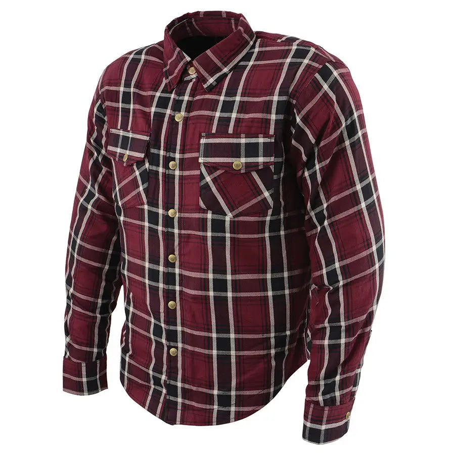 Milwaukee Leather Men's Maroon Checkered Armored Flannel Biker Shirt w/ Reinforced Fibers - Velora Luxury Fashion