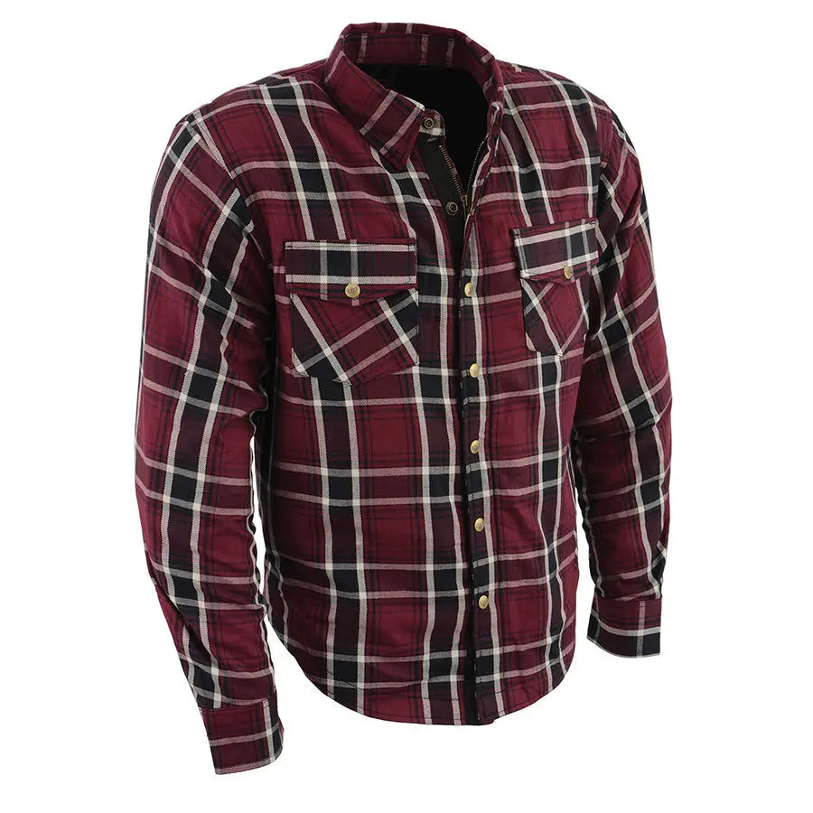 Milwaukee Leather Men's Maroon Checkered Armored Flannel Biker Shirt w/ Reinforced Fibers - Velora Luxury Fashion