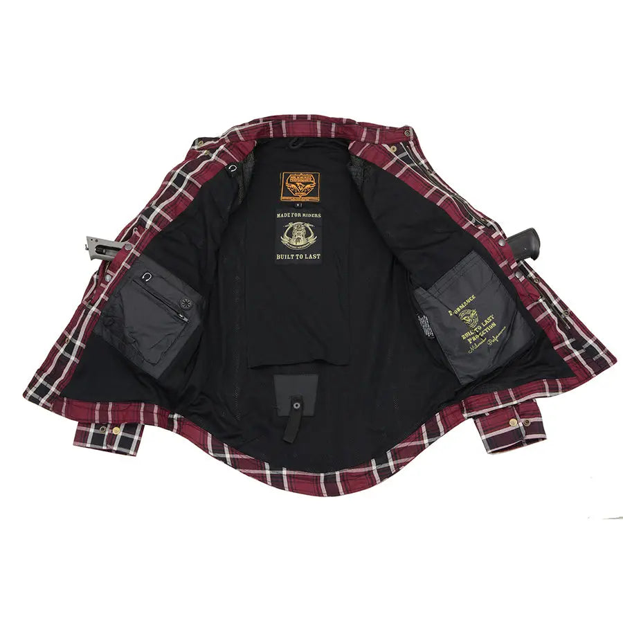 Milwaukee Leather Men's Maroon Checkered Armored Flannel Biker Shirt w/ Reinforced Fibers - Velora Luxury Fashion
