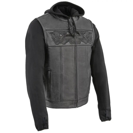 Milwaukee Leather Men's Black Leather Vest with Reflective Skulls & Full Hoodie Liner Boutique of Leathers/Open Road