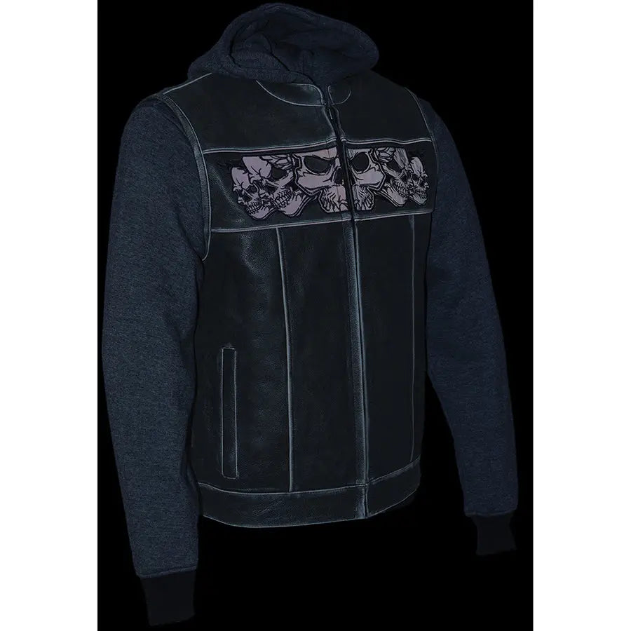 Milwaukee Leather Men's Black Leather Vest with Reflective Skulls & Full Hoodie Liner Boutique of Leathers/Open Road