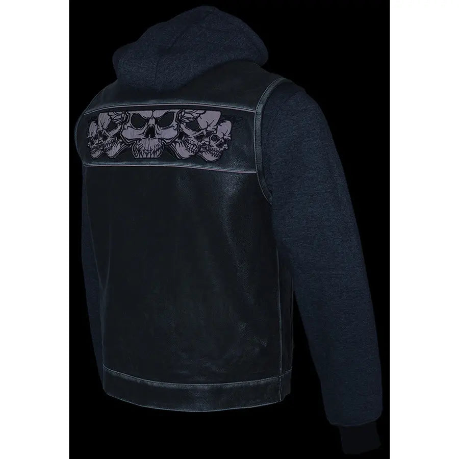 Milwaukee Leather Men's Black Leather Vest with Reflective Skulls & Full Hoodie Liner Boutique of Leathers/Open Road