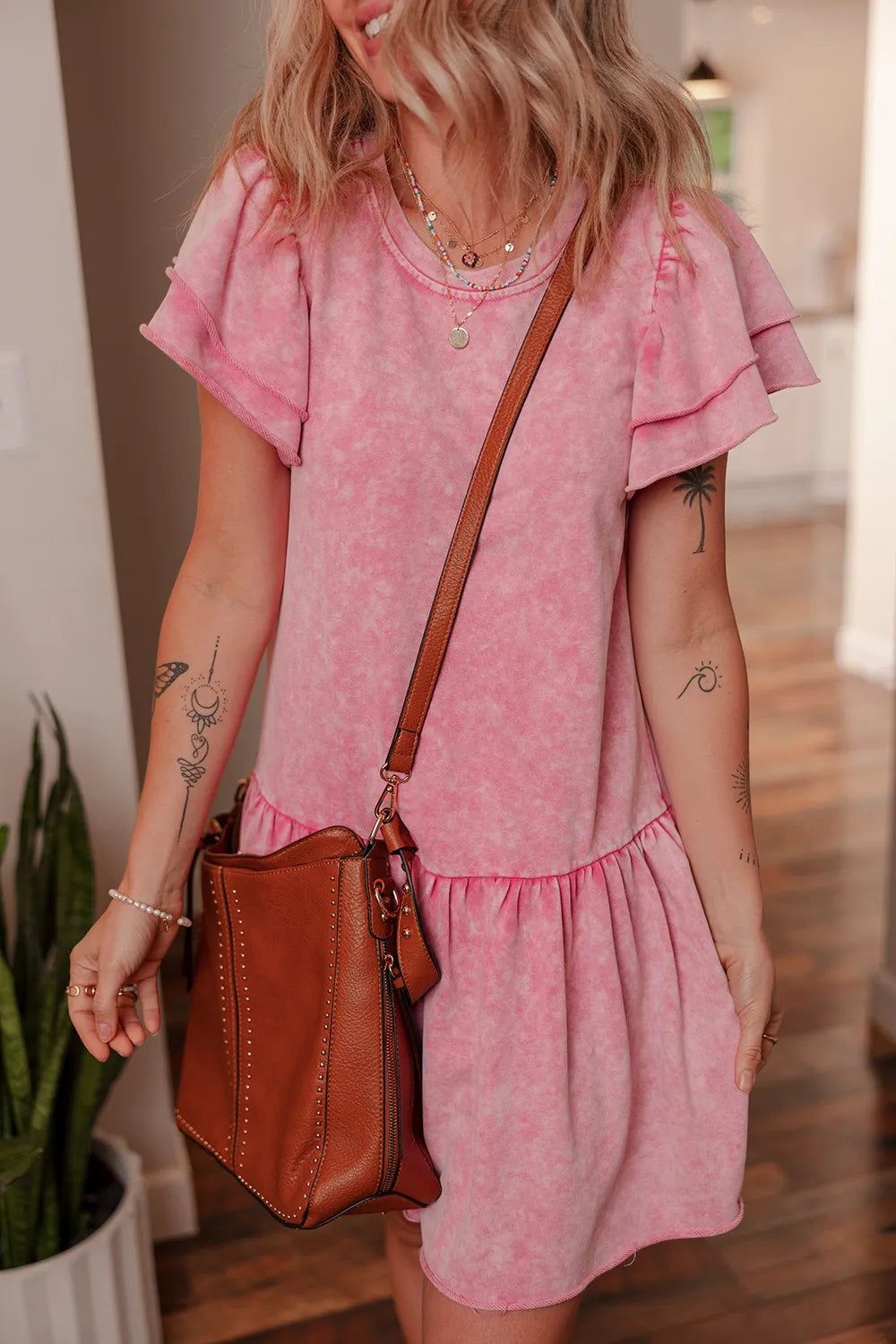 Mineral Wash Raw Edge Ruffle Mini Dress - Velora Luxury Fashion