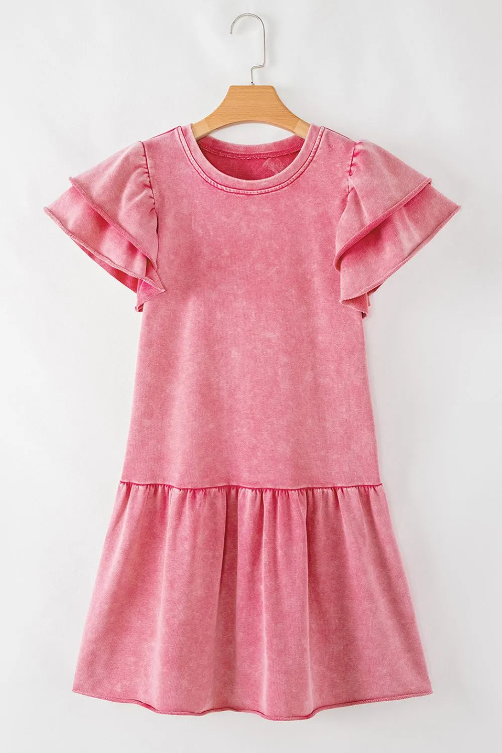 Mineral Wash Raw Edge Ruffle Mini Dress - Velora Luxury Fashion