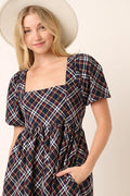 Mittoshop Checkered Print Puff Sleeve Babydoll Mini Dress - Velora Luxury Fashion