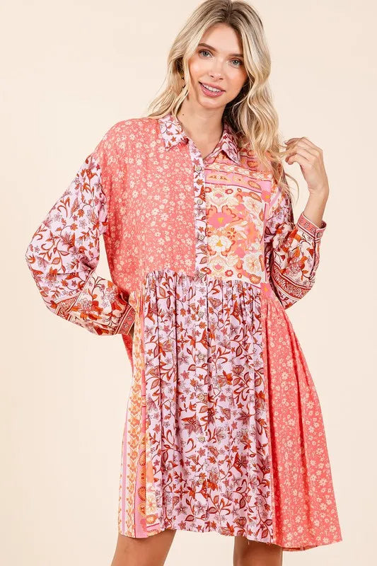 Mittoshop Floral Button Detail Long Sleeve Shirt Dress - Velora Luxury Fashion