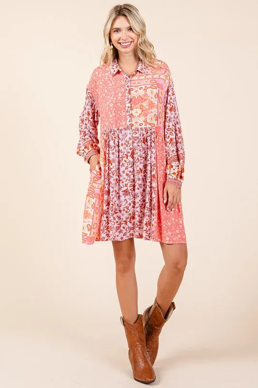 Mittoshop Floral Button Detail Long Sleeve Shirt Dress - Velora Luxury Fashion