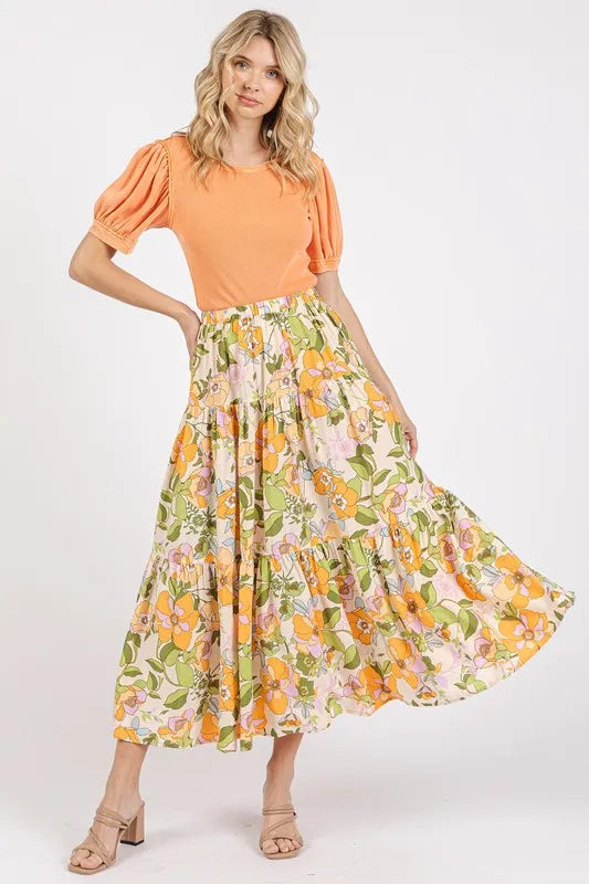 Mittoshop Flower Print Elastic Waist Tiered Skirt - Velora Luxury Fashion