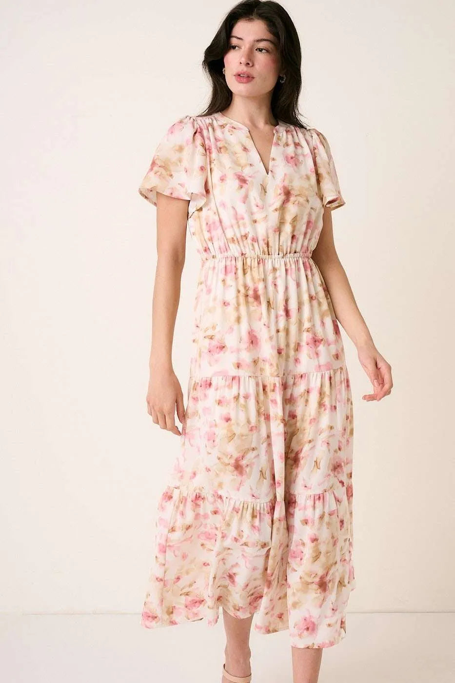 Mittoshop Flower Print Flutter Sleeve V Slit Maxi Dress - Velora Luxury Fashion