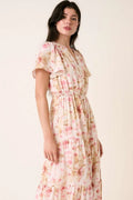 Mittoshop Flower Print Flutter Sleeve V Slit Maxi Dress - Velora Luxury Fashion