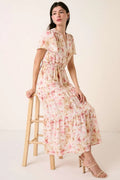 Mittoshop Flower Print Flutter Sleeve V Slit Maxi Dress - Velora Luxury Fashion