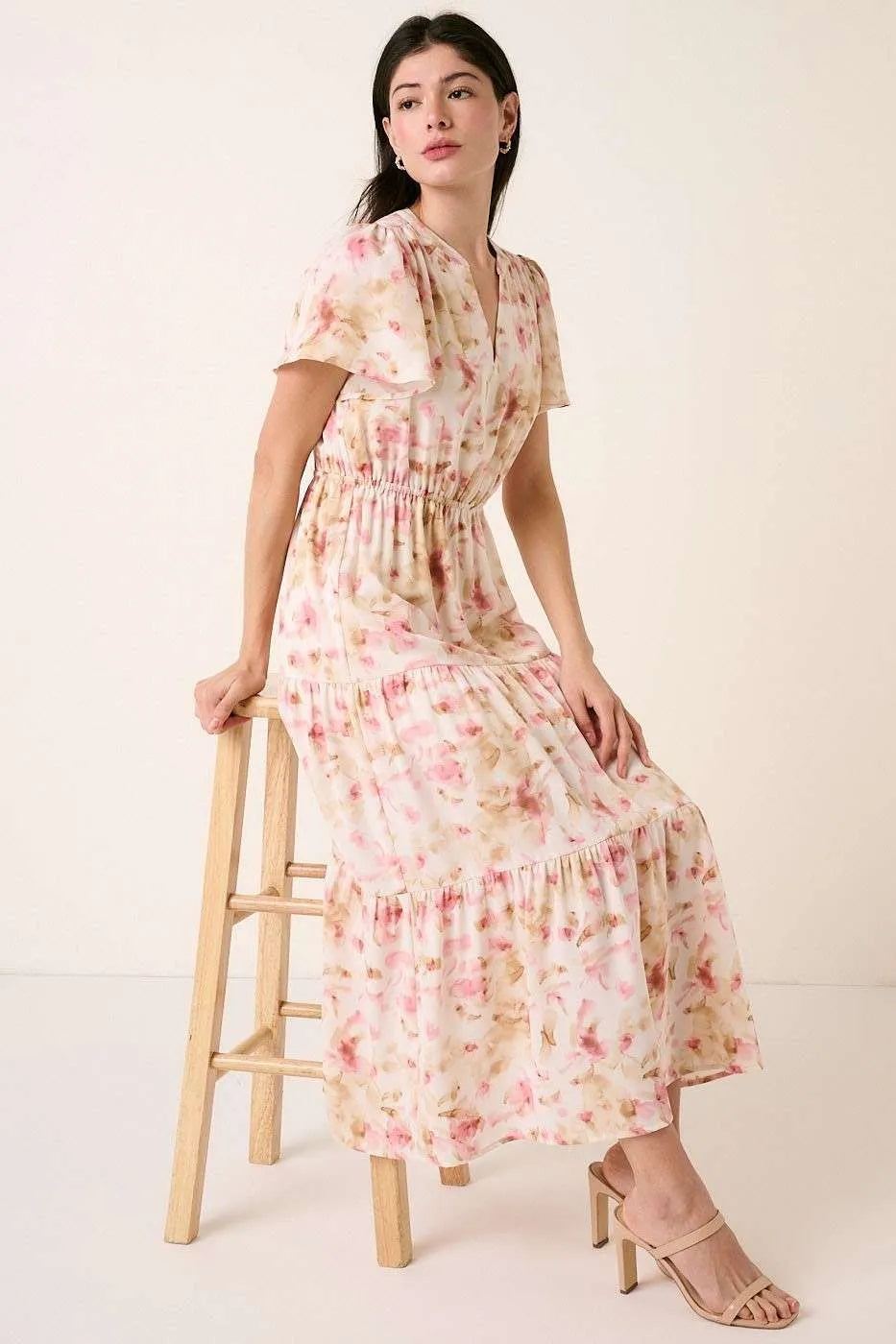 Mittoshop Flower Print Flutter Sleeve V Slit Maxi Dress - Velora Luxury Fashion