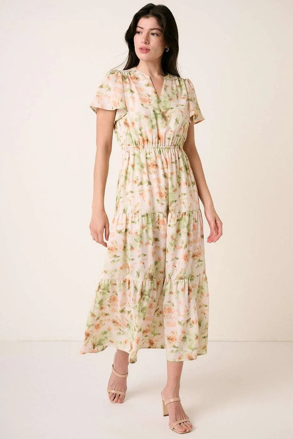 Mittoshop Flower Print Flutter Sleeve V Slit Maxi Dress - Velora Luxury Fashion