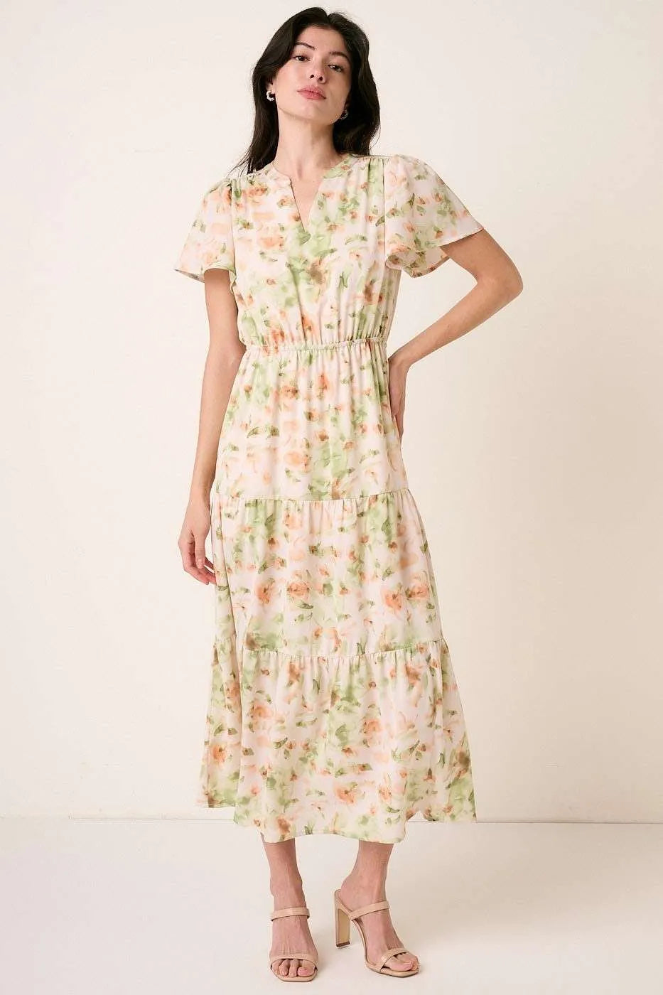 Mittoshop Flower Print Flutter Sleeve V Slit Maxi Dress - Velora Luxury Fashion