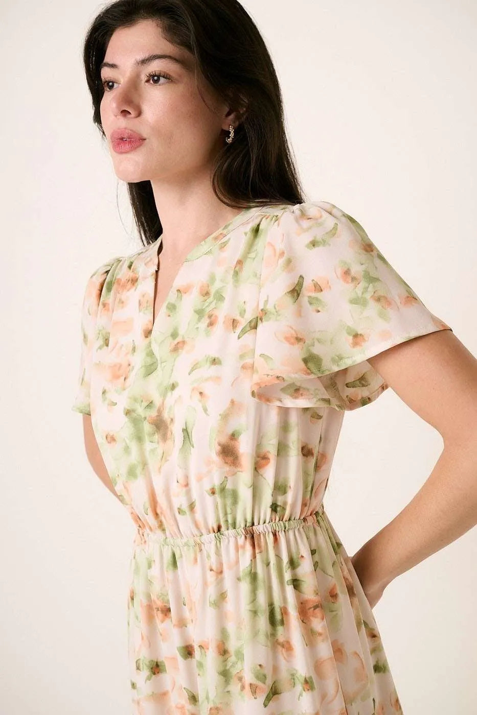 Mittoshop Flower Print Flutter Sleeve V Slit Maxi Dress - Velora Luxury Fashion