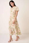 Mittoshop Flower Print Flutter Sleeve V Slit Maxi Dress - Velora Luxury Fashion