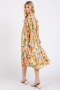 Mittoshop Flower Print Puff Sleeve Ruffle Smocked Midi Dress - Velora Luxury Fashion