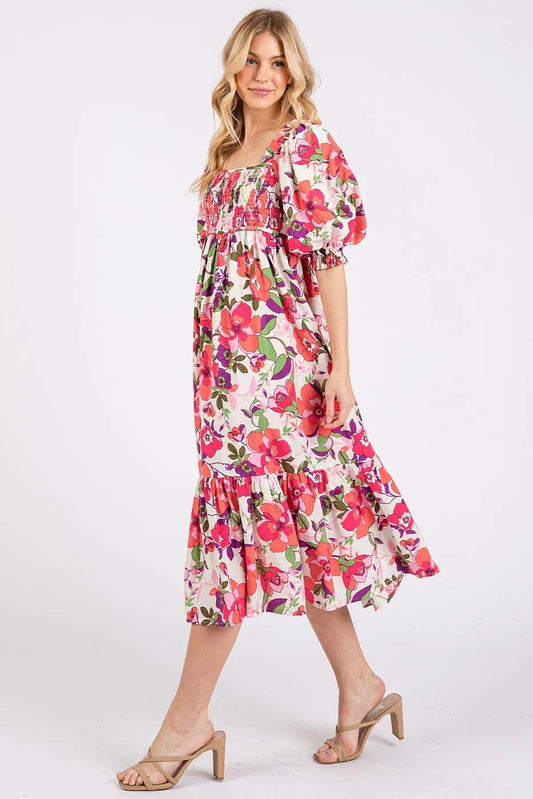 Mittoshop Flower Print Puff Sleeve Ruffle Smocked Midi Dress - Velora Luxury Fashion