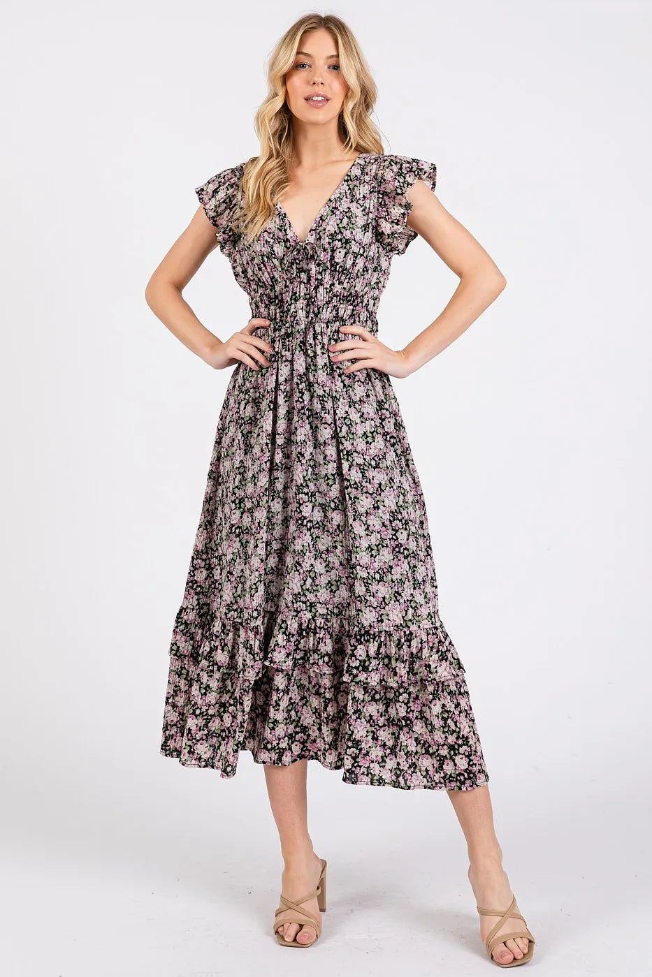 Mittoshop Flower Print Ruffle Cap Sleeve V-neck Midi Dress - Velora Luxury Fashion