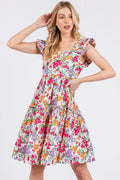 Mittoshop Flower Print Ruffle Shoulder A-line Mini Dress - Velora Luxury Fashion