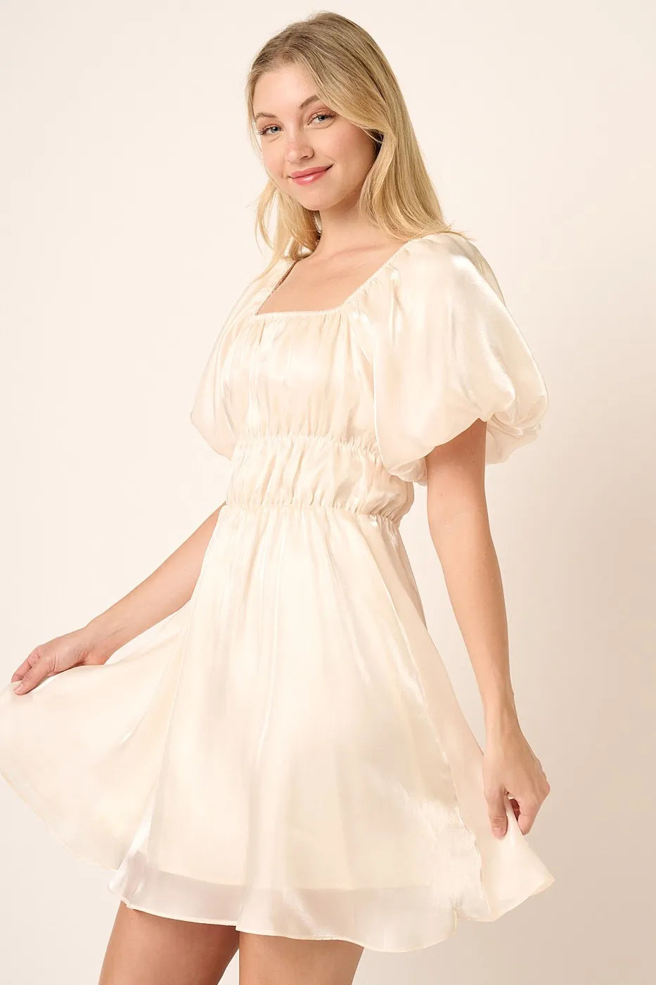 Mittoshop Metallic Organza Fabric Balloon Sleeve Mini Dress - Velora Luxury Fashion