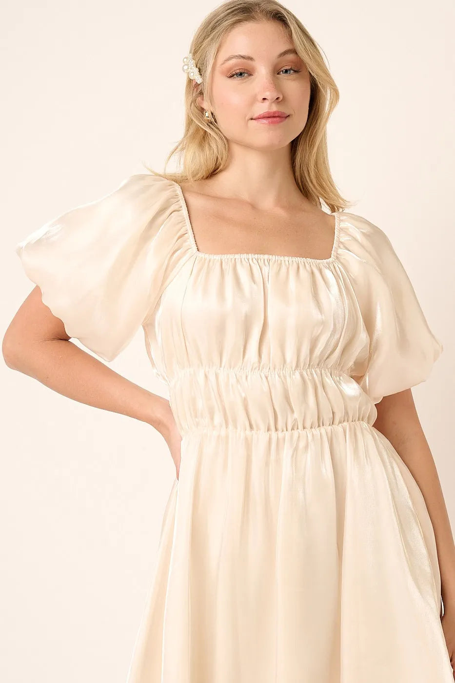 Mittoshop Metallic Organza Fabric Balloon Sleeve Mini Dress - Velora Luxury Fashion