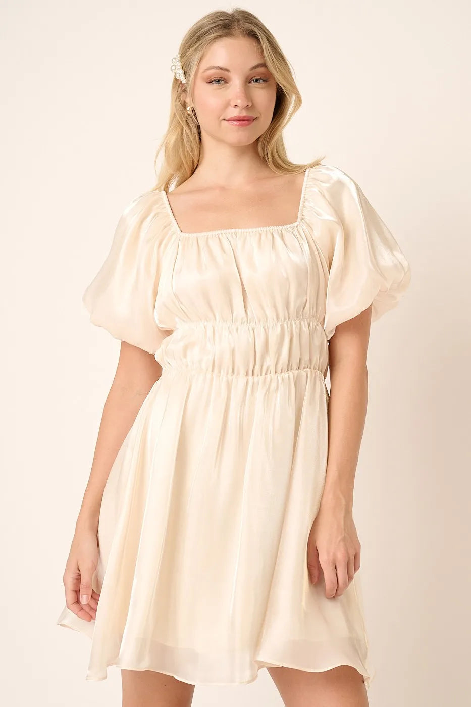 Mittoshop Metallic Organza Fabric Balloon Sleeve Mini Dress - Velora Luxury Fashion