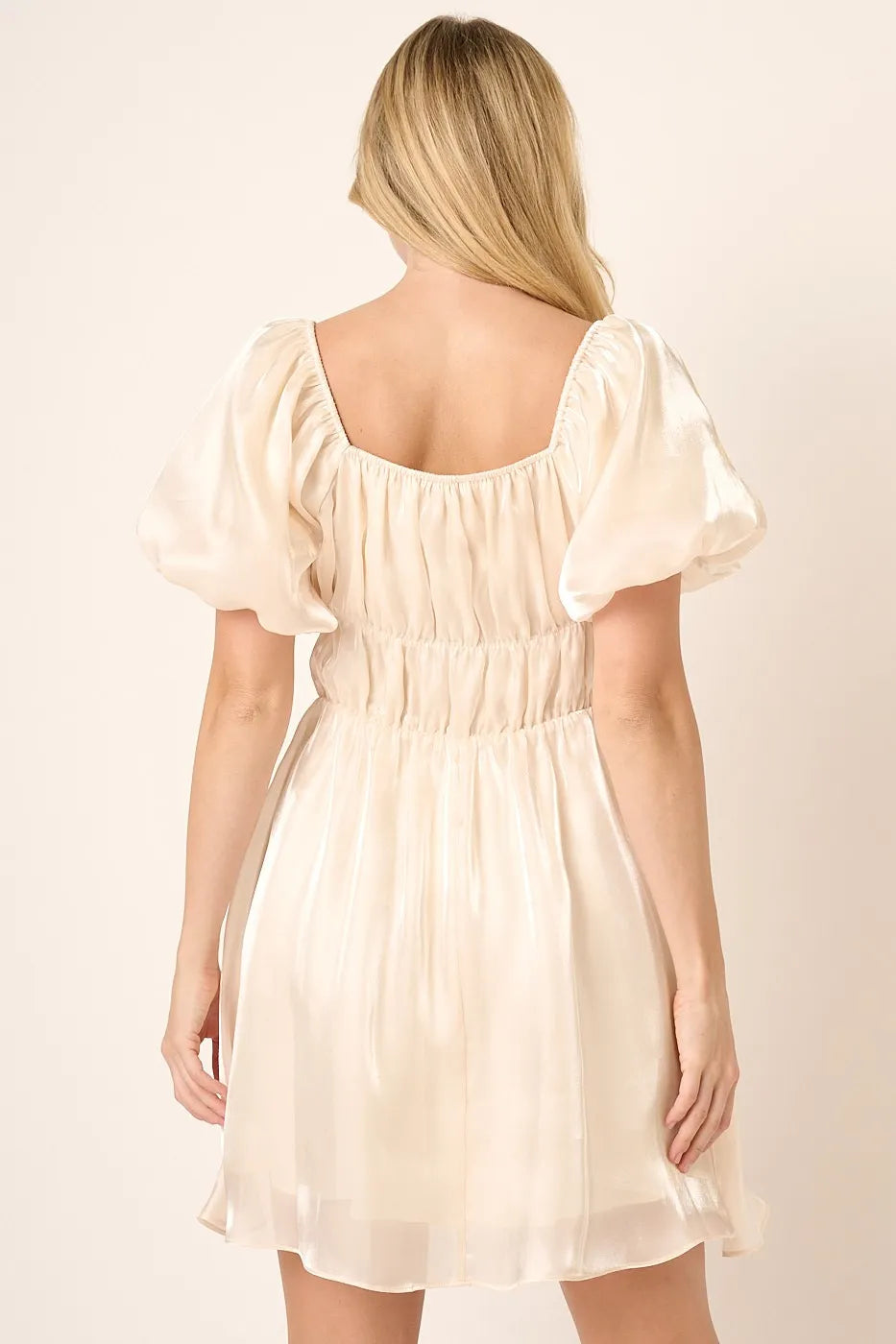 Mittoshop Metallic Organza Fabric Balloon Sleeve Mini Dress - Velora Luxury Fashion