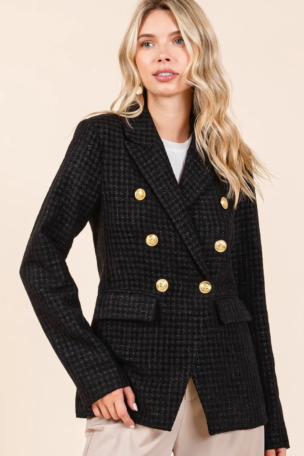 Mittoshop Plaid Texture Double-Breasted Long Sleeve Blazer - Velora Luxury Fashion