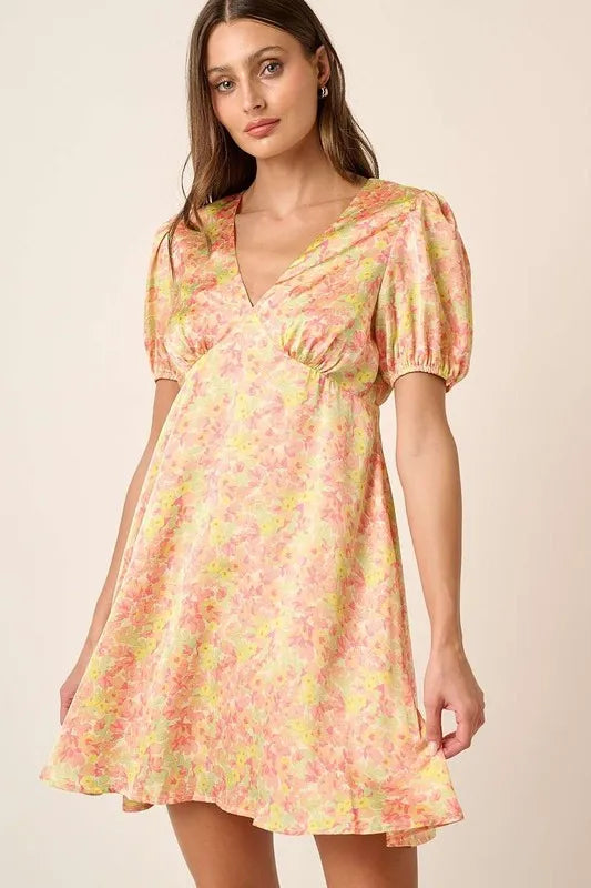 Mittoshop Printed V-Neck Puff Sleeve Mini Dress - Velora Luxury Fashion