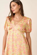 Mittoshop Printed V-Neck Puff Sleeve Mini Dress - Velora Luxury Fashion