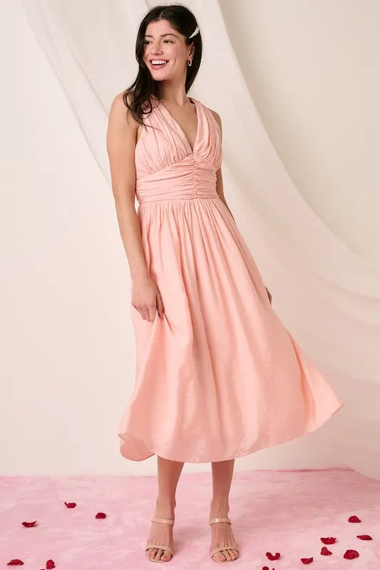 Mittoshop Ruched V-Neck Sleeveless Midi Dress - Velora Luxury Fashion