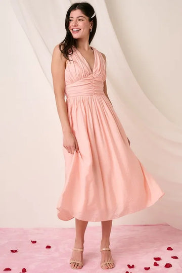 Mittoshop Ruched V-Neck Sleeveless Midi Dress - Velora Luxury Fashion