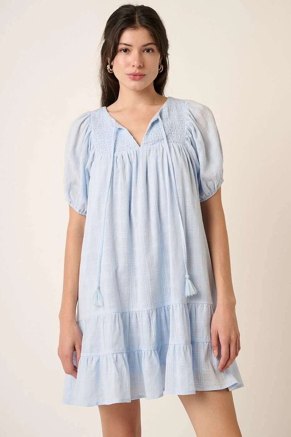 Mittoshop Tassel Tie Plaid Gauze Short Sleeve Mini Dress - Velora Luxury Fashion