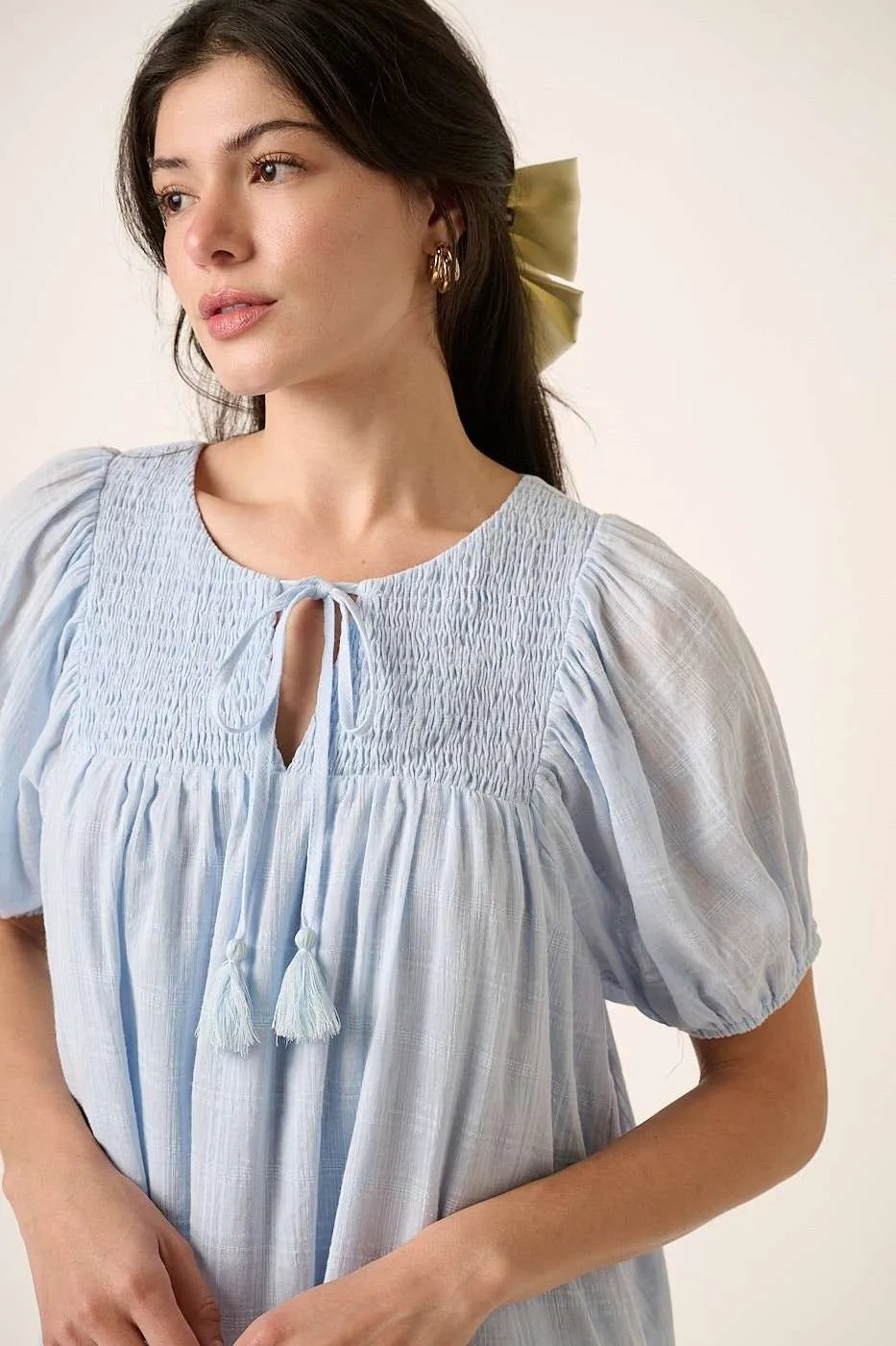 Mittoshop Tassel Tie Plaid Gauze Short Sleeve Mini Dress - Velora Luxury Fashion