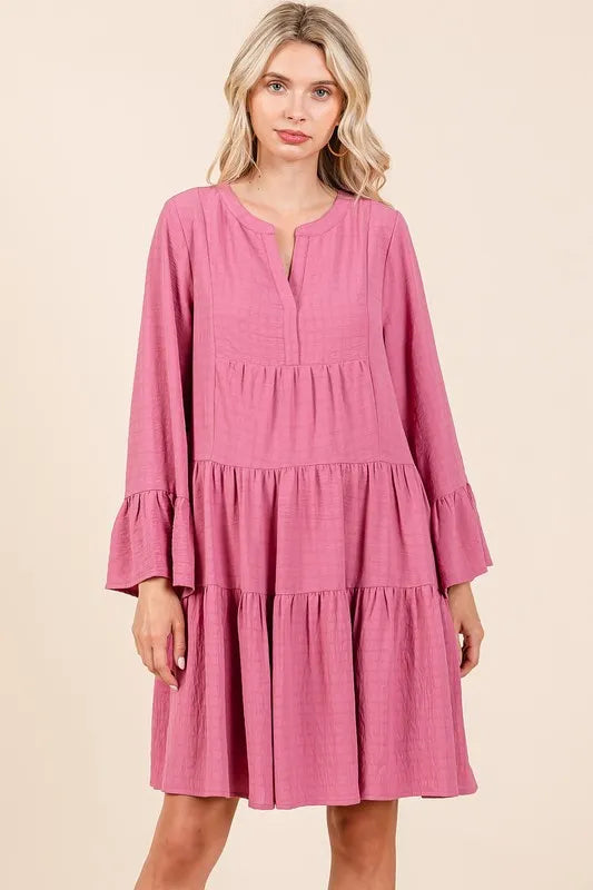 Mittoshop Tiered Notched Flare Sleeve Dress - Velora Luxury Fashion