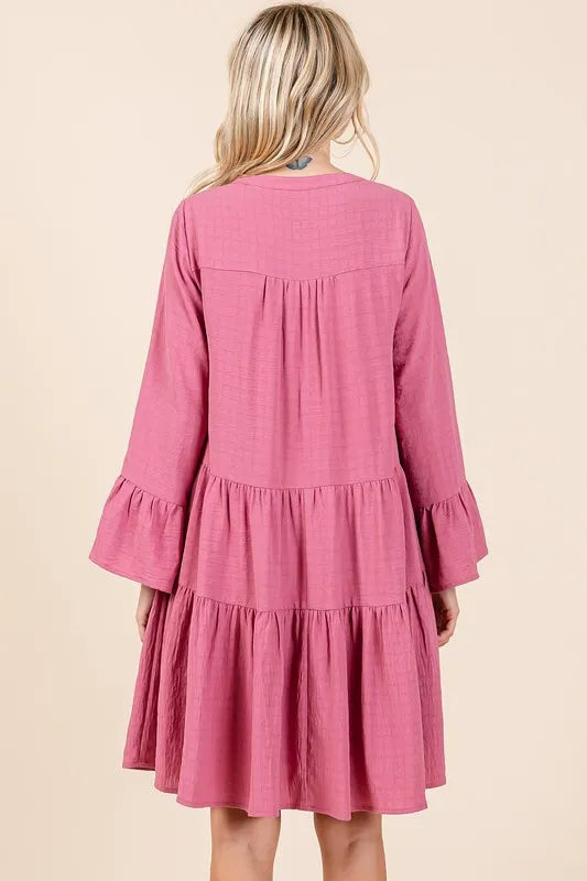 Mittoshop Tiered Notched Flare Sleeve Dress - Velora Luxury Fashion