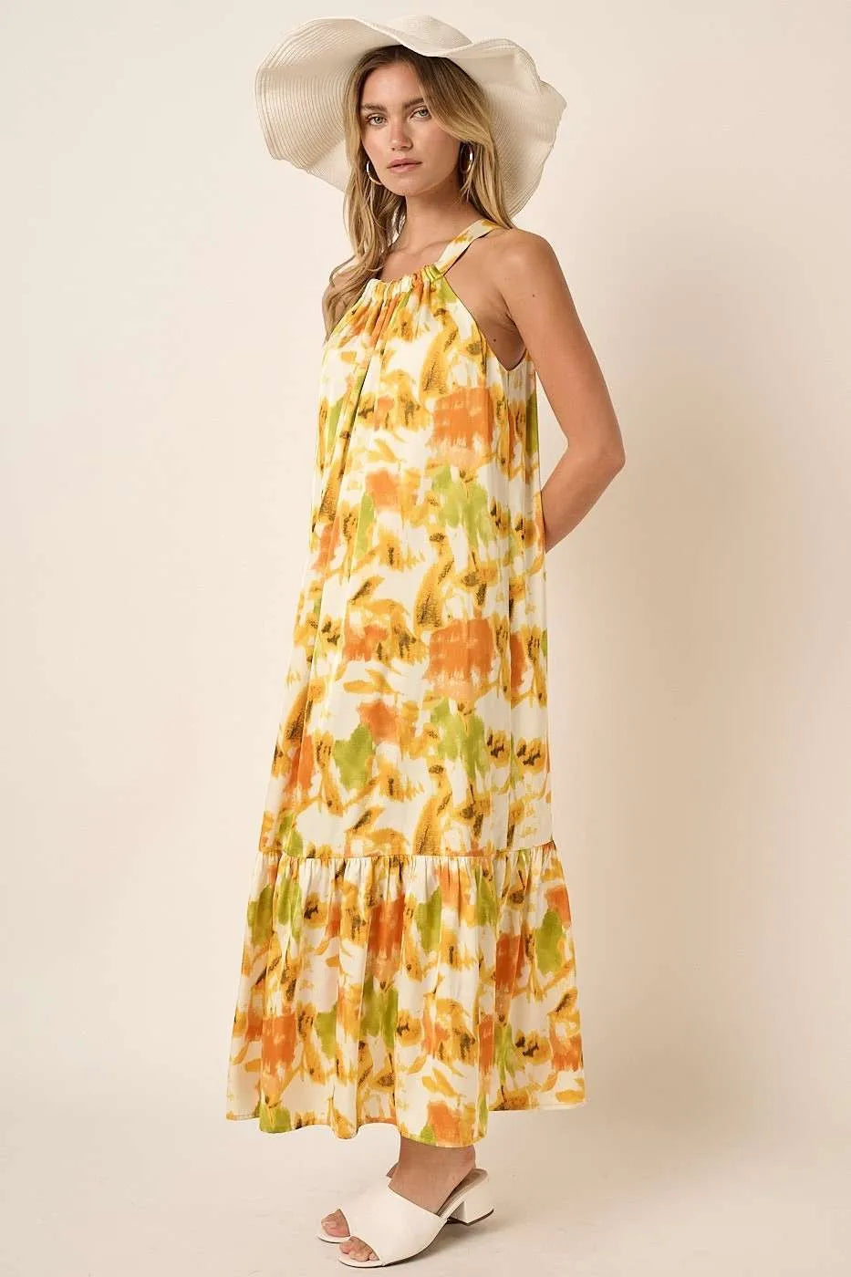 Mittoshop Watercolor Print Halter Neck Satin Maxi Dress - Velora Luxury Fashion