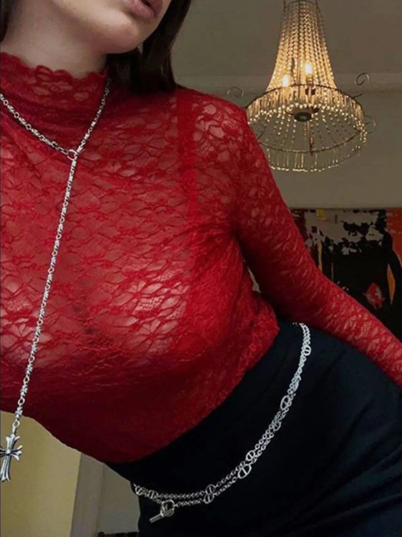 Mock Neck Lace Long Sleeve Mesh T-Shirt - Velora Luxury Fashion