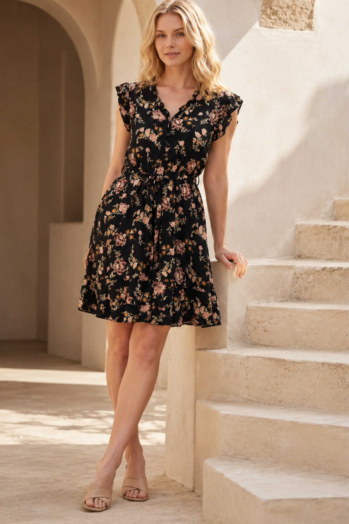 Natasha Short Floral Dress Pockets Belted Ruffle Trim