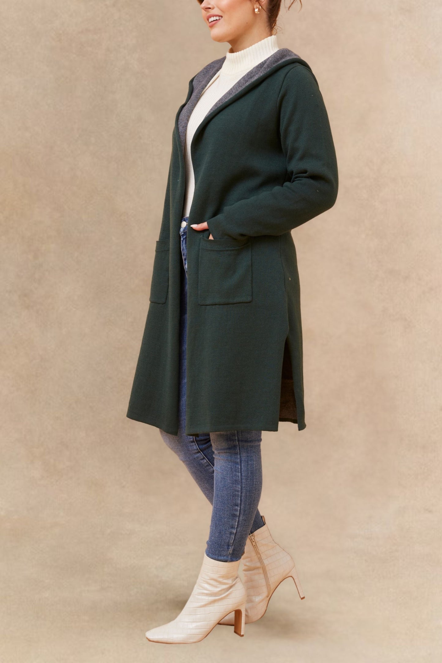 Nora Hooded Open Front Long Cardigan Lightweight Two Tone Casual Trendy - Velora Luxury Fashion