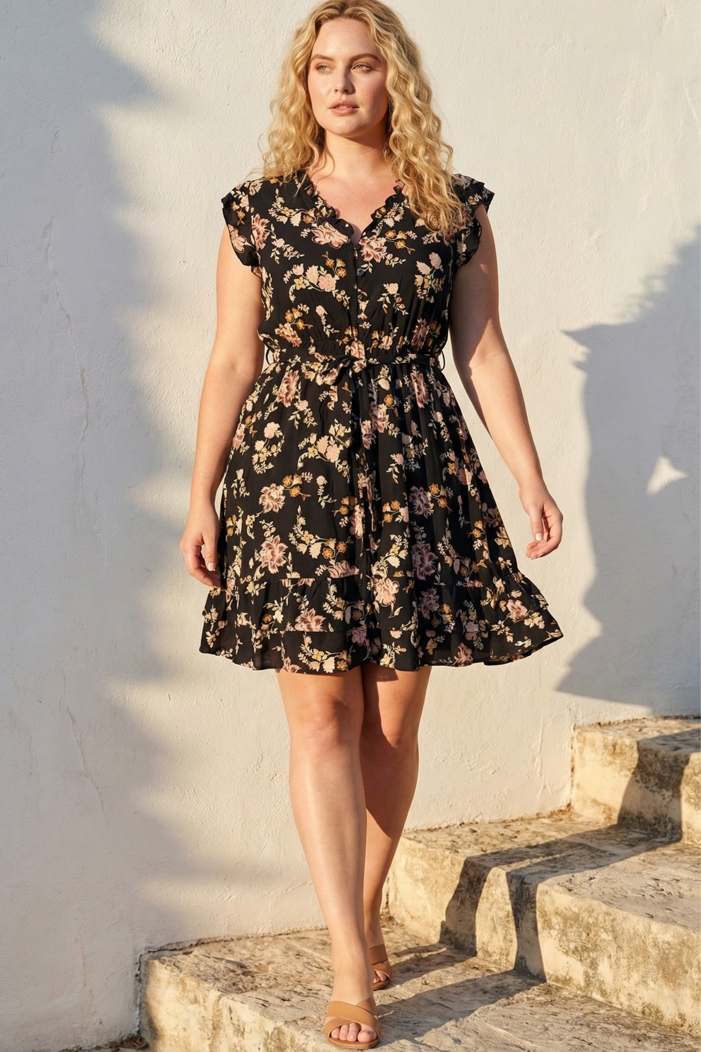 Natasha Short Floral Dress Pockets Belted Ruffle Trim