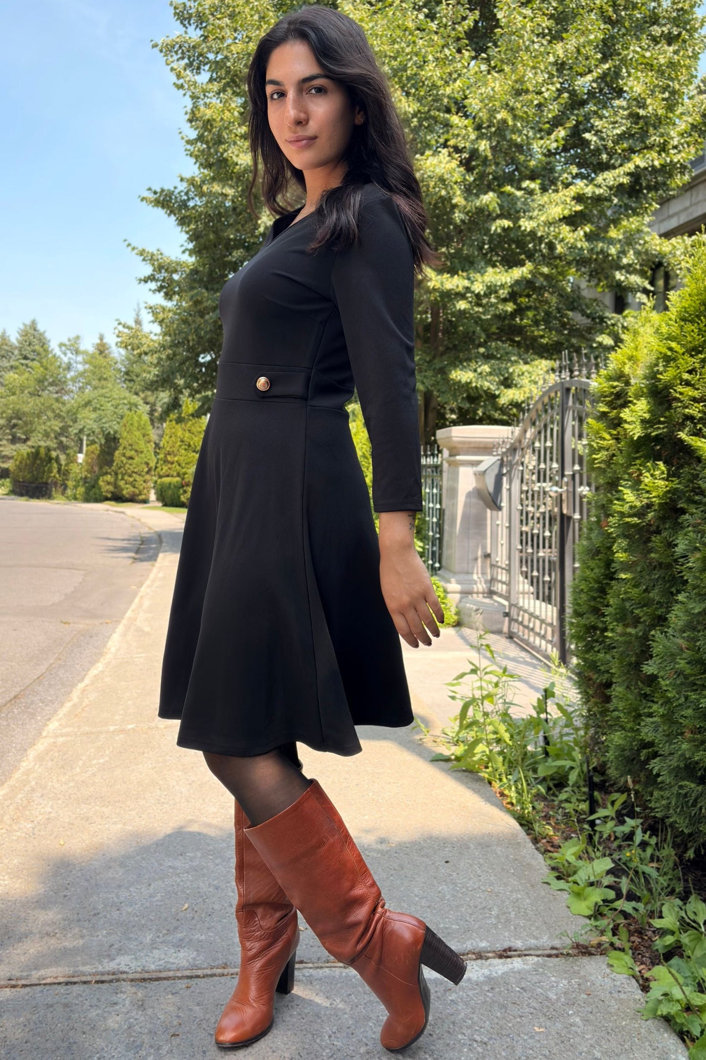 Nathalie A-Line Dress with Gold Button Detail - Velora Luxury Fashion