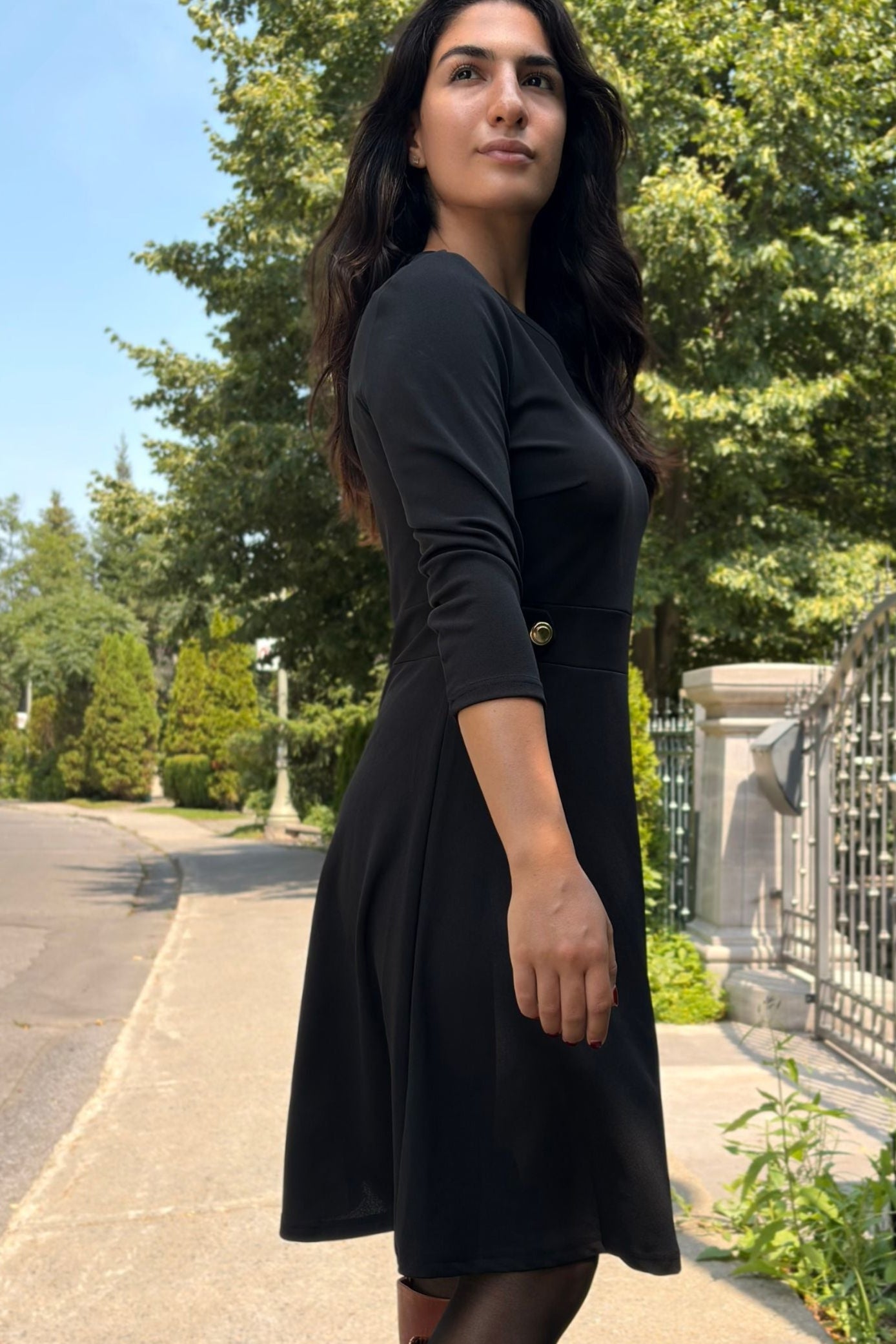 Nathalie A-Line Dress with Gold Button Detail - Velora Luxury Fashion