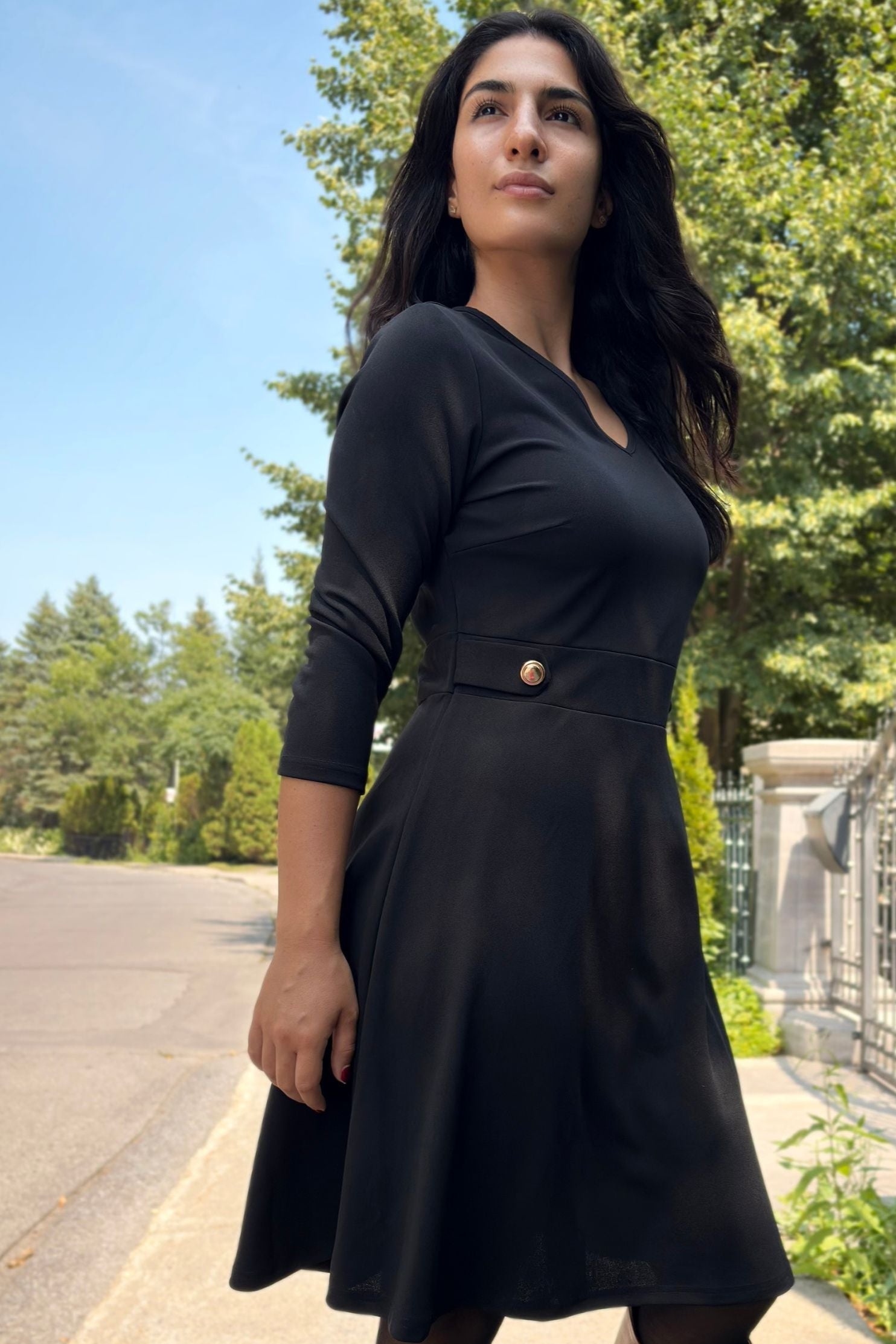 Nathalie A-Line Dress with Gold Button Detail - Velora Luxury Fashion