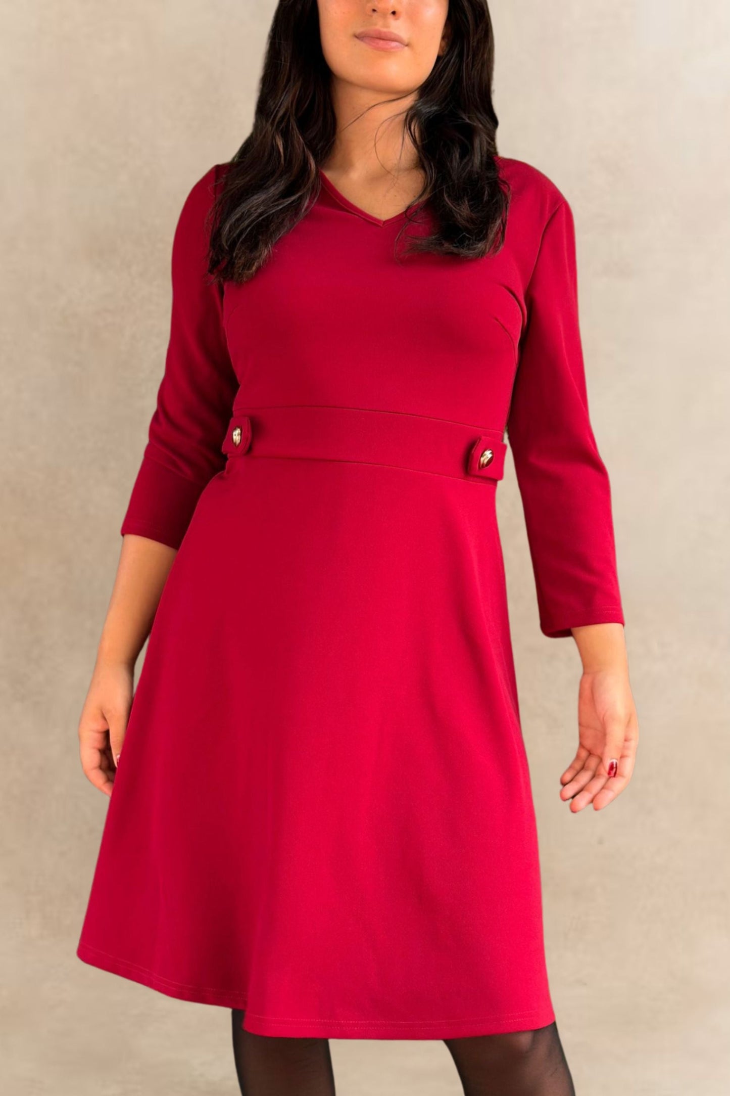 Nathalie A-Line Dress with Gold Button Detail - Velora Luxury Fashion